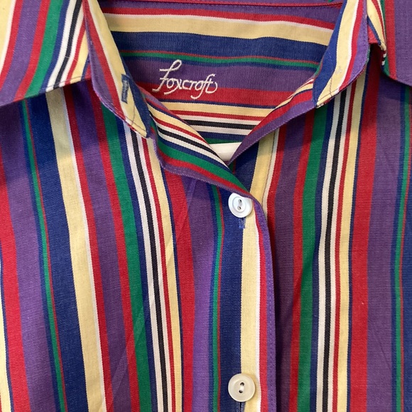 Vintage 80s Foxcroft striped button blouse cotton blend purple yellow red blue - Picture 2 of 6
